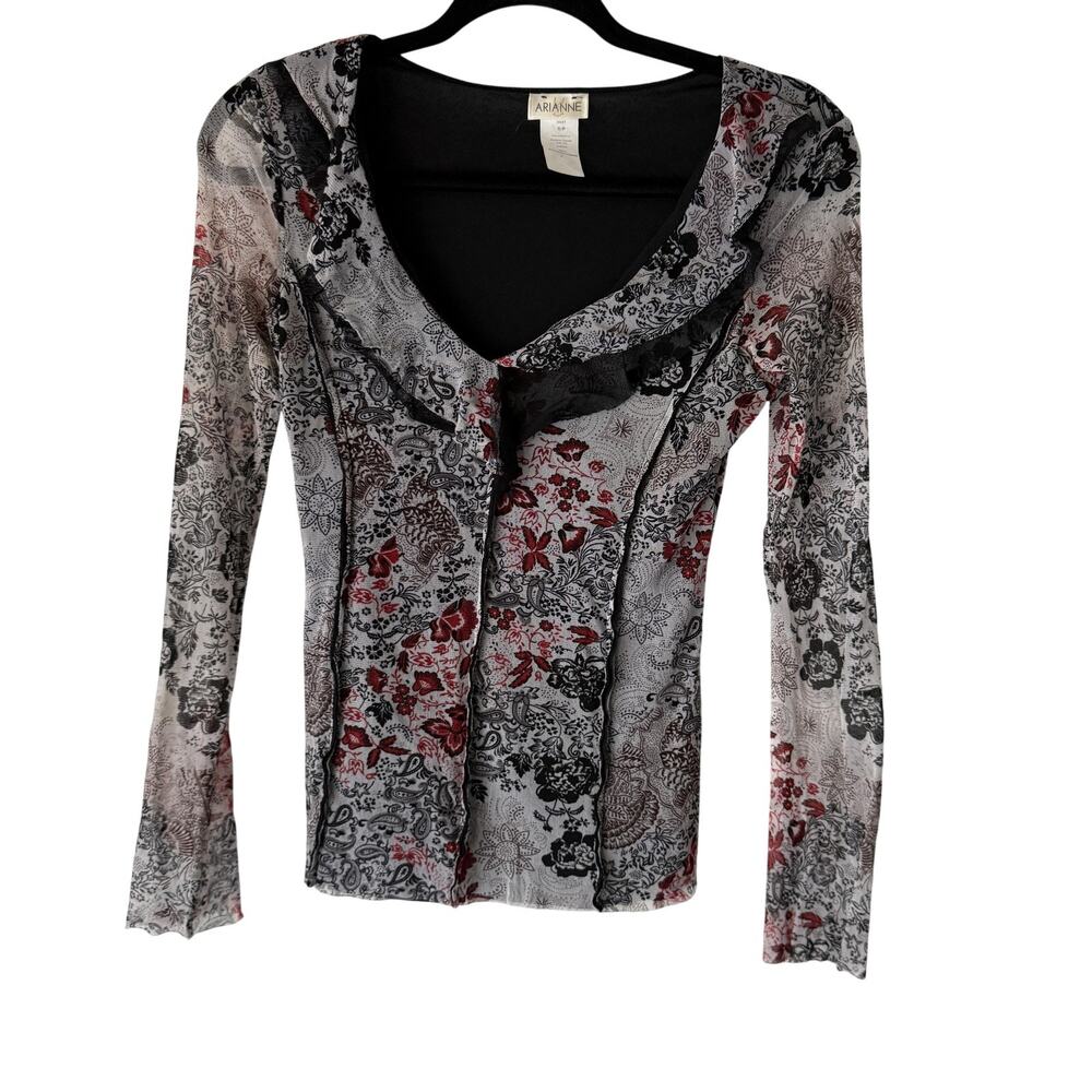 Arianne Top Y2k Small Sheer Black Red‎ Floral Lace Mesh Shirt Whimsigoth Fairy